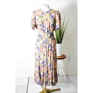 Casual Corner Floral Midi Dress Women 6P Multicolor Vintage 90s Belted Pleated